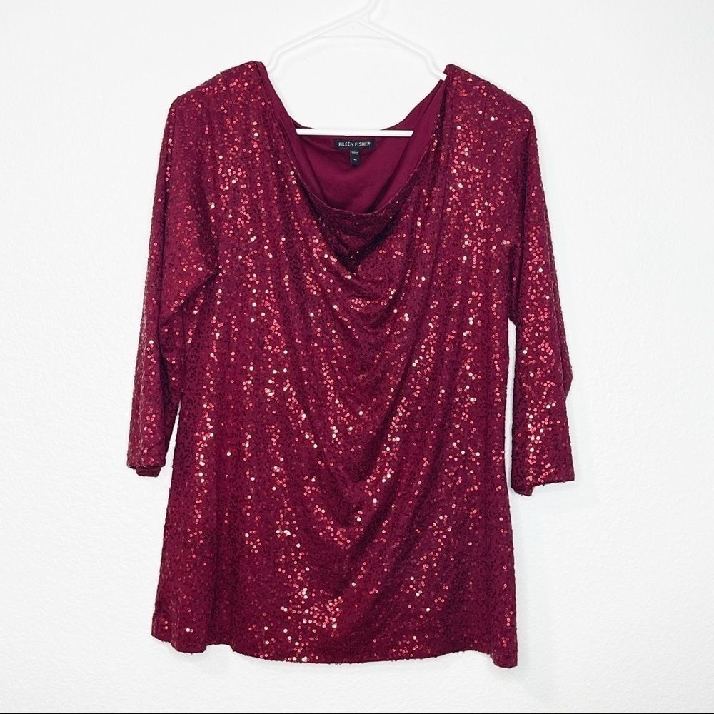 EILEEN FISHER Sequin Embellished Draped Front 100% Silk Top